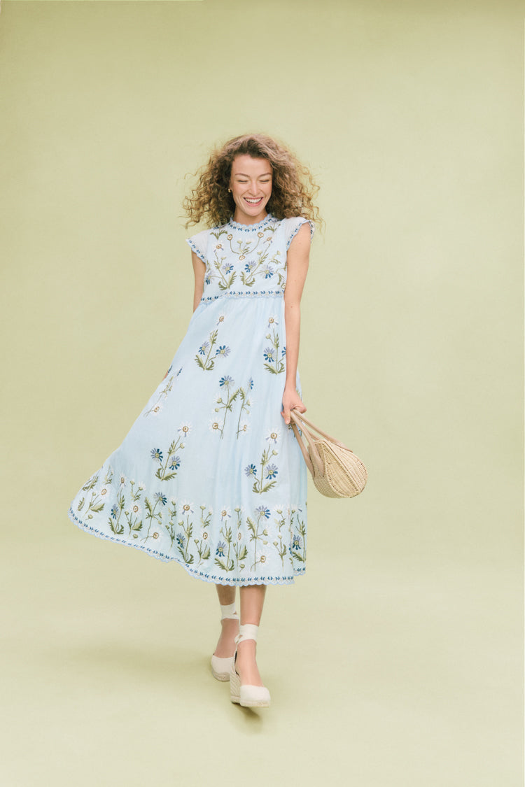Blue Audra Embroidery Midi Dress