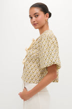 Beige Trellis Floral Tie Crossvine Blouse