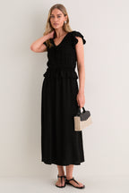 Black Flutter Sleeve Midi Dress