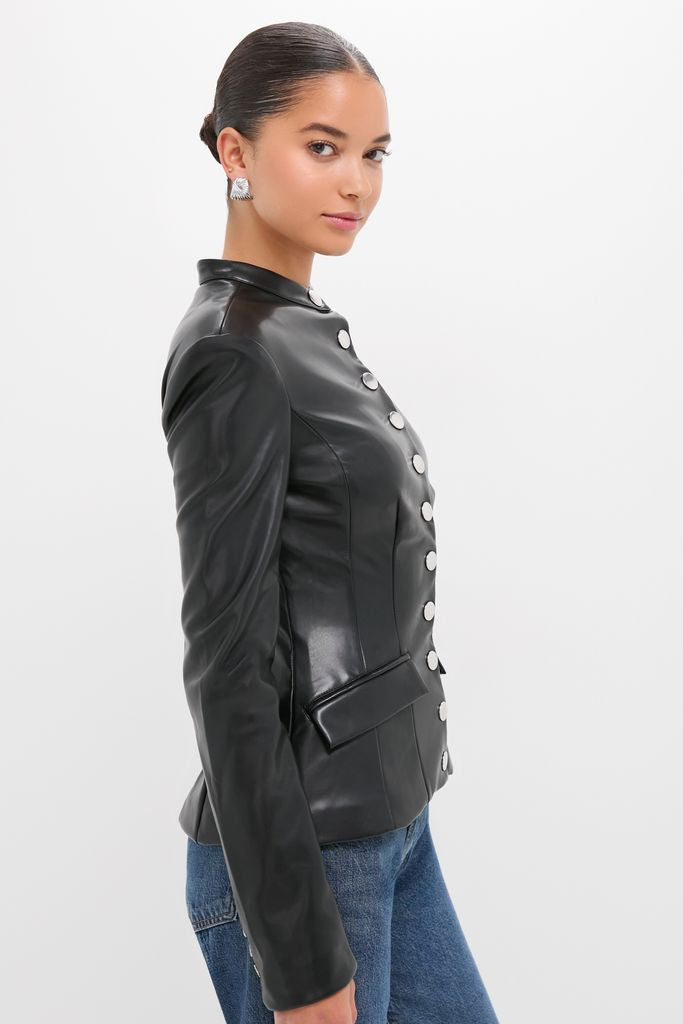 Black Vegan Leather Military Jacket