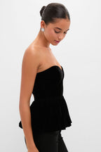 Black Velvet Peplum Strapless Tudor Blouse