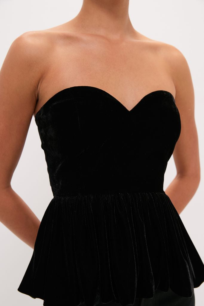 Black Velvet Peplum Strapless Tudor Blouse