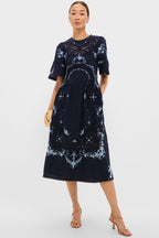 Exclusive Navy Edwina Embroidery Midi Dress