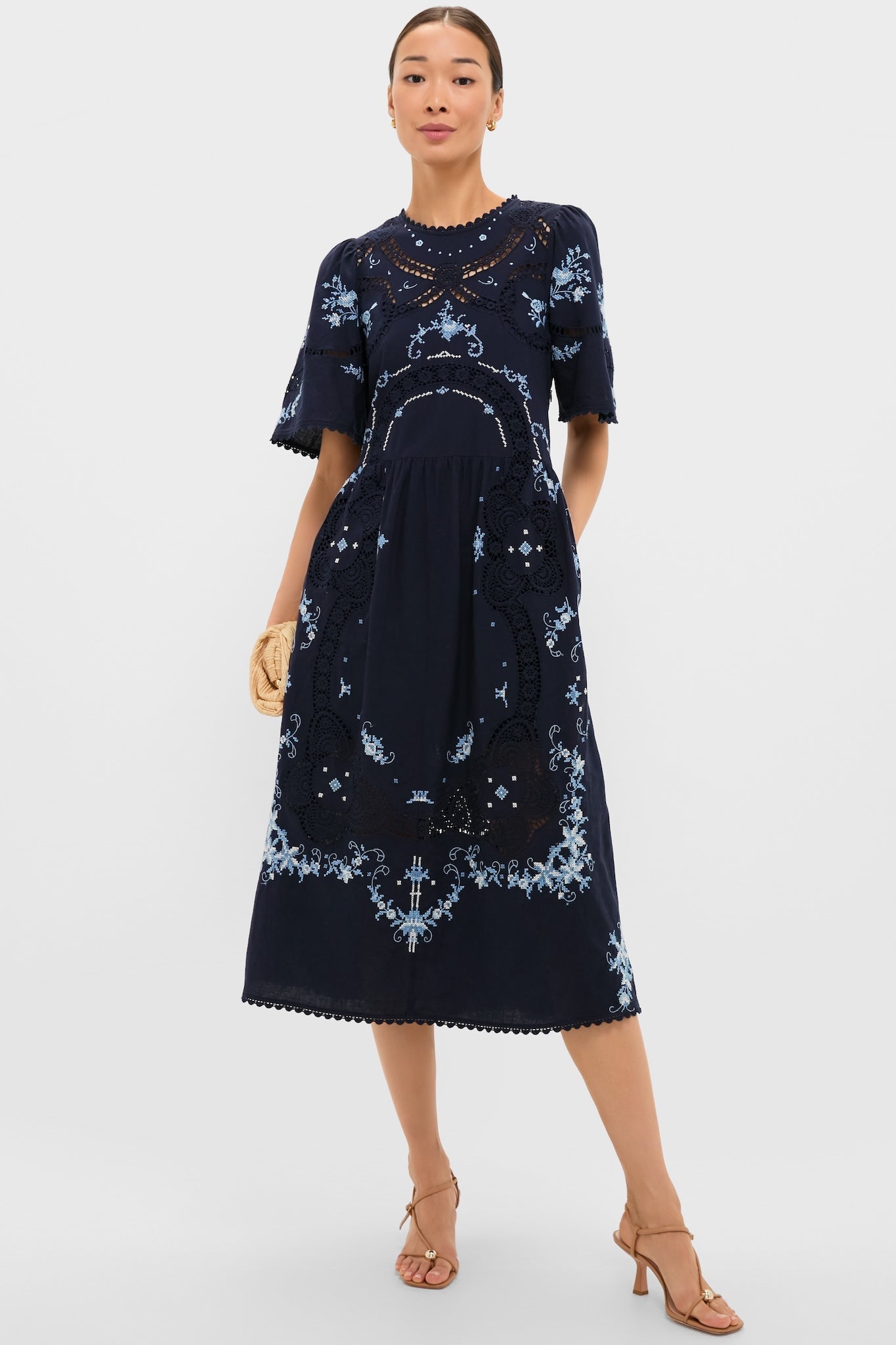 Exclusive Navy Edwina Embroidery Midi Dress