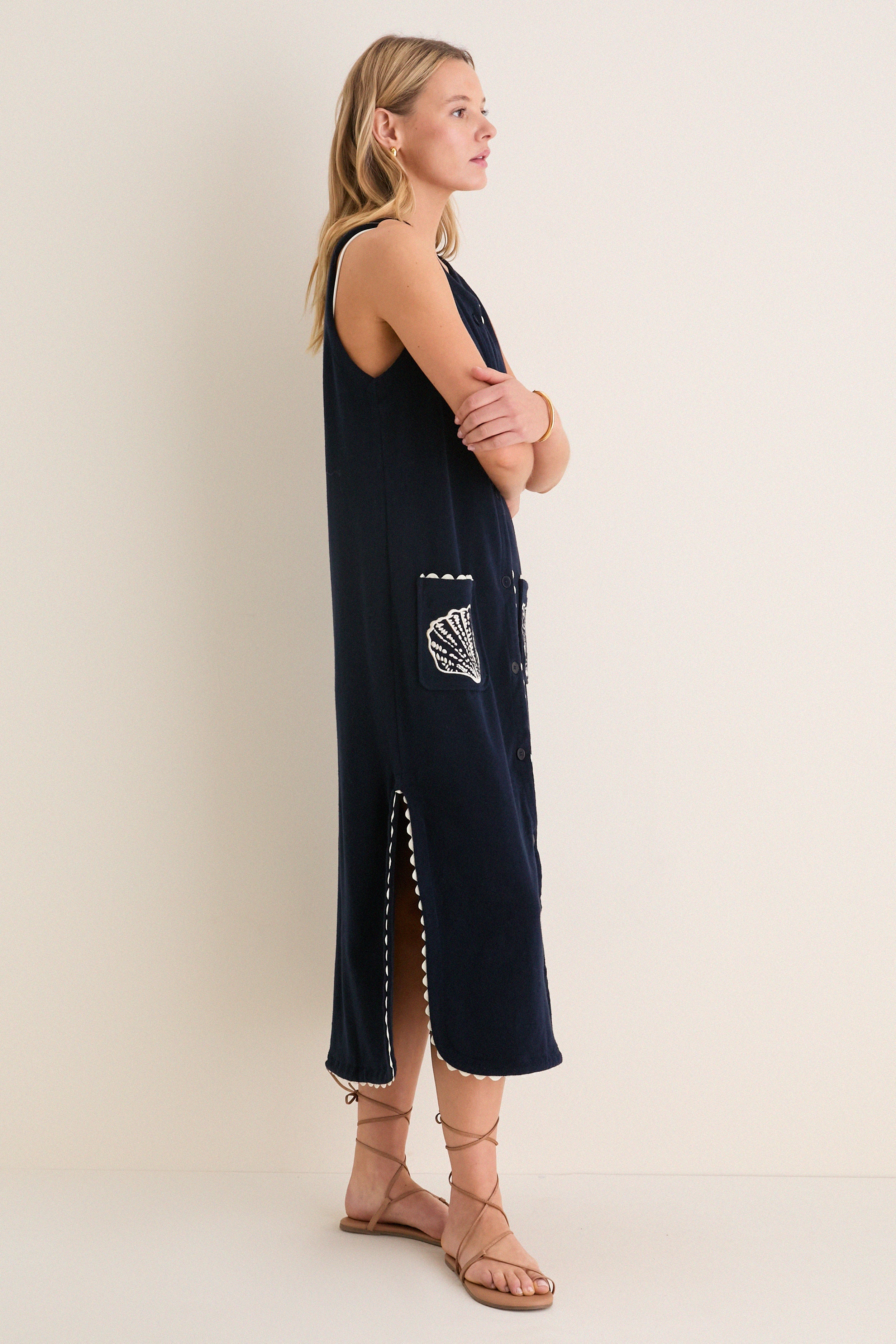 Navy Embroidered Bermuda Terrycloth Caftan