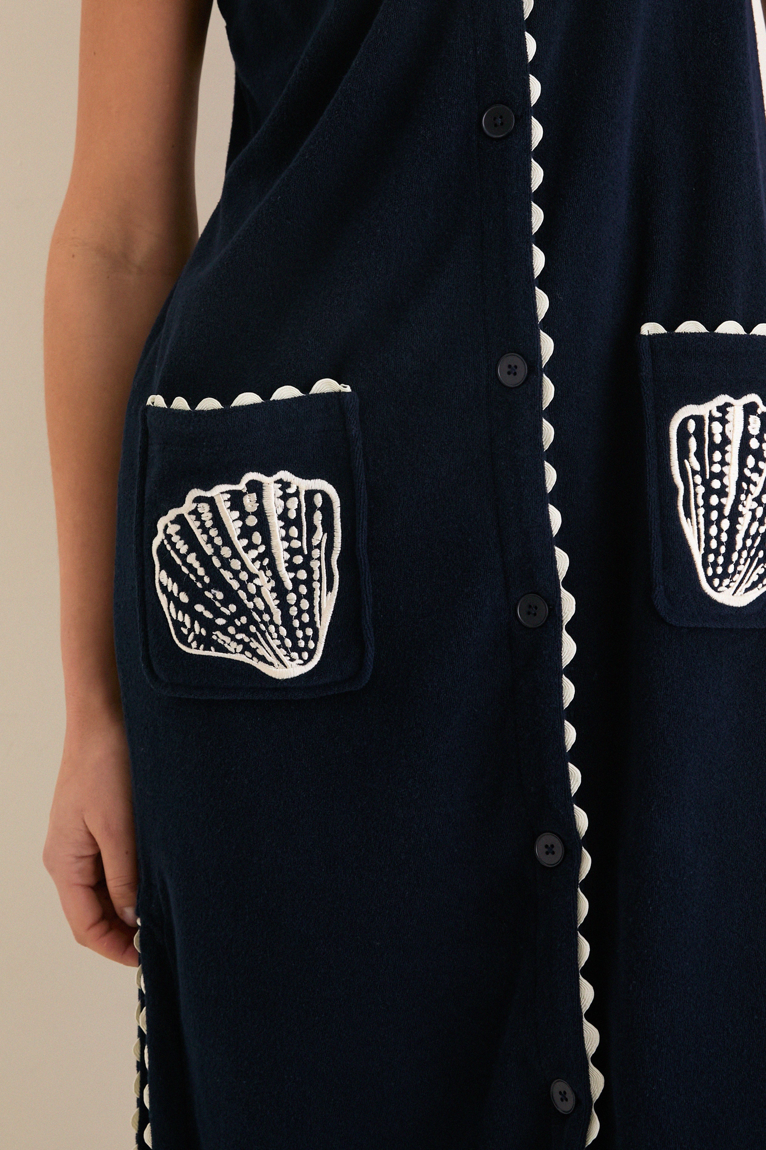 Navy Embroidered Bermuda Terrycloth Caftan