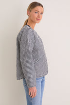 Navy Gingham Cashel Collarless Quilted Jacket