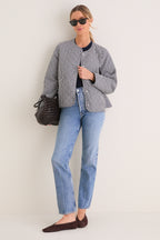 Navy Gingham Cashel Collarless Quilted Jacket