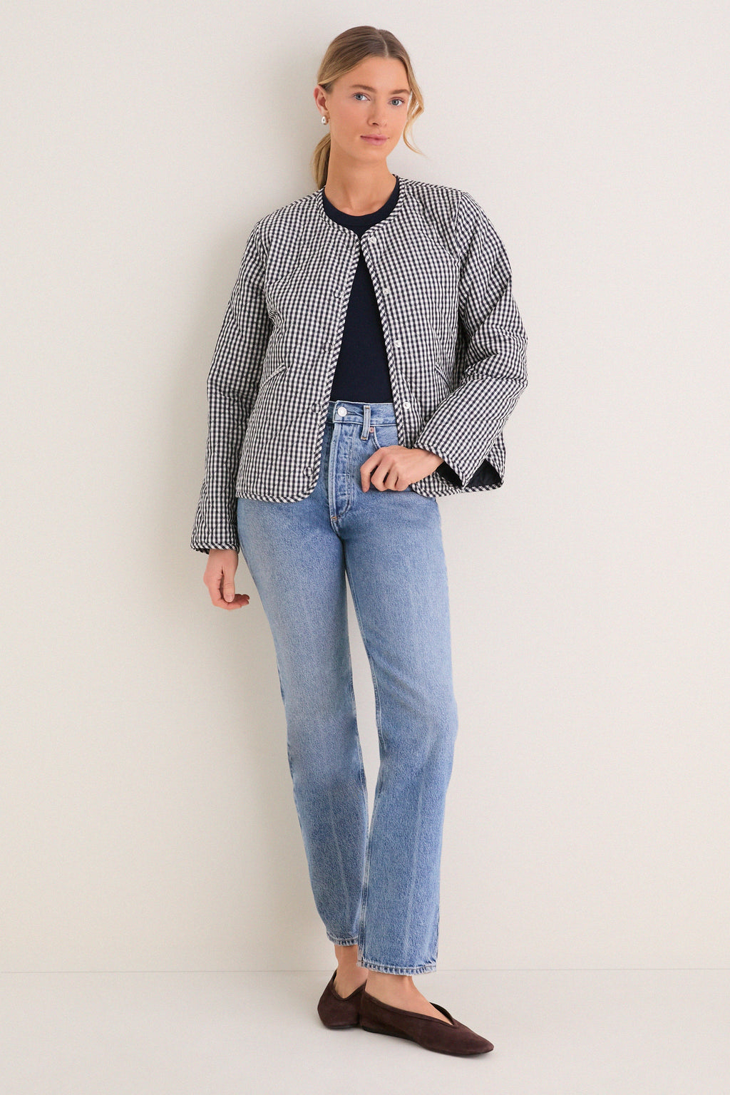 Navy Gingham Cashel Collarless Quilted Jacket