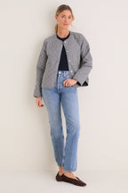 Navy Gingham Cashel Collarless Quilted Jacket