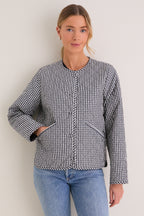 Navy Gingham Cashel Collarless Quilted Jacket