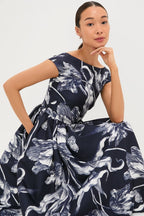 Botanical Engraving Midnight Boat Neck Midi Dress