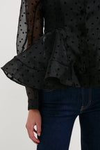 Black Flocked Organza Peplum Shirt