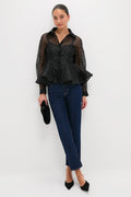 Black Flocked Organza Peplum Shirt