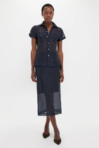 Atlantic Silk Organza Woven Short Sleeve Button Down