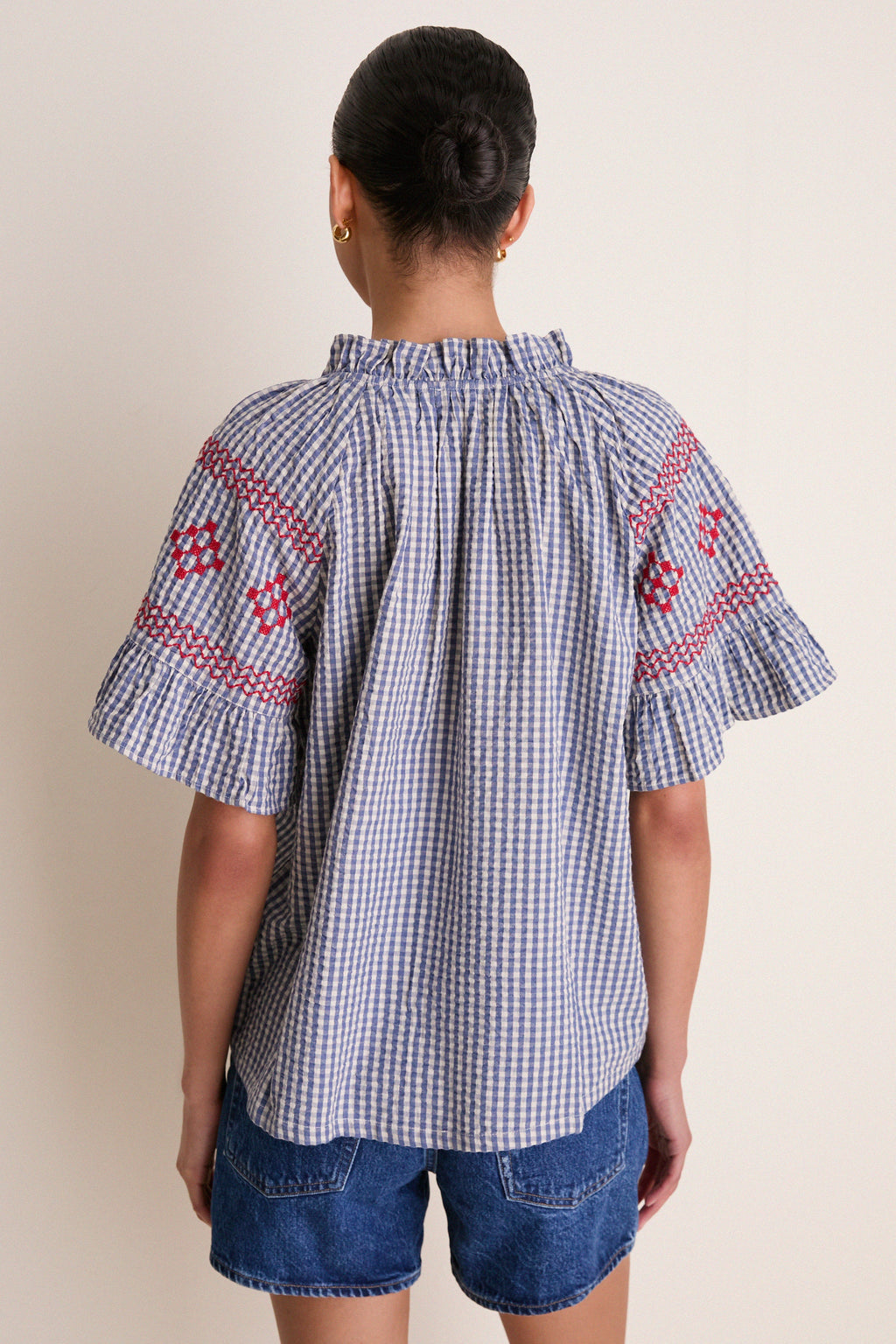 Navy Prism Embroidered Gingham Cassis Top