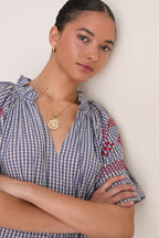 Navy Prism Embroidered Gingham Cassis Top