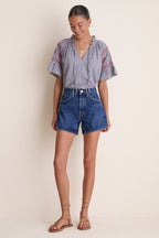 Navy Prism Embroidered Gingham Cassis Top