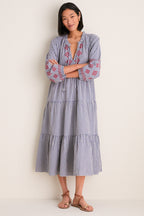 Navy Prism Embroidered Gingham Long Sleeve Salty Paloma Caftan