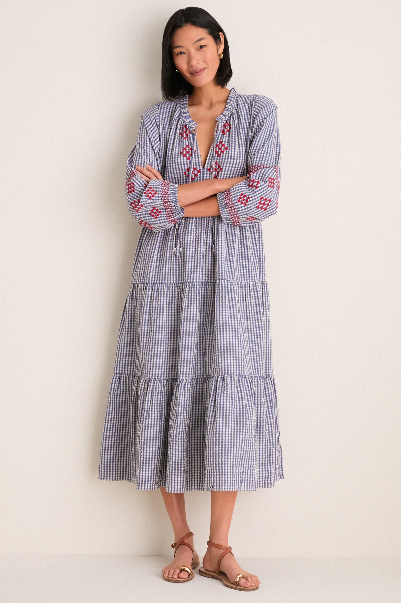 Navy Prism Embroidered Gingham Long Sleeve Salty Paloma Caftan
