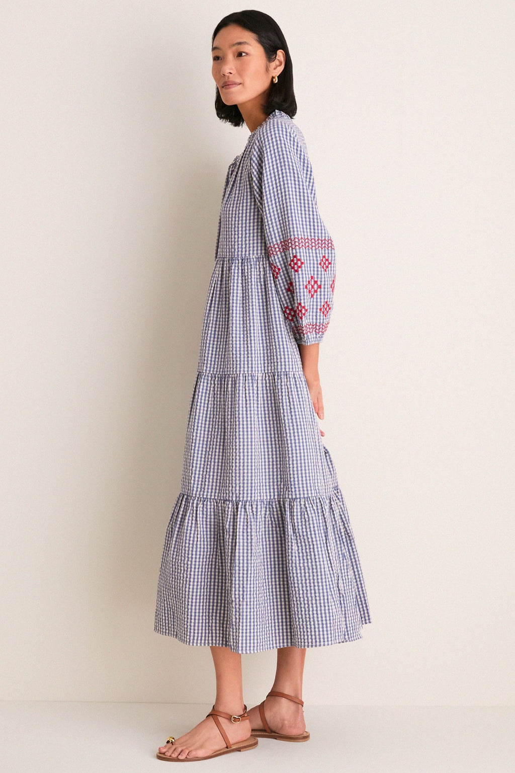 Navy Prism Embroidered Gingham Long Sleeve Salty Paloma Caftan