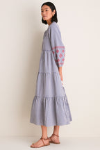 Navy Prism Embroidered Gingham Long Sleeve Salty Paloma Caftan