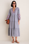 Navy Prism Embroidered Gingham Long Sleeve Salty Paloma Caftan