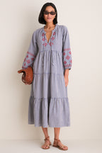 Navy Prism Embroidered Gingham Long Sleeve Salty Paloma Caftan