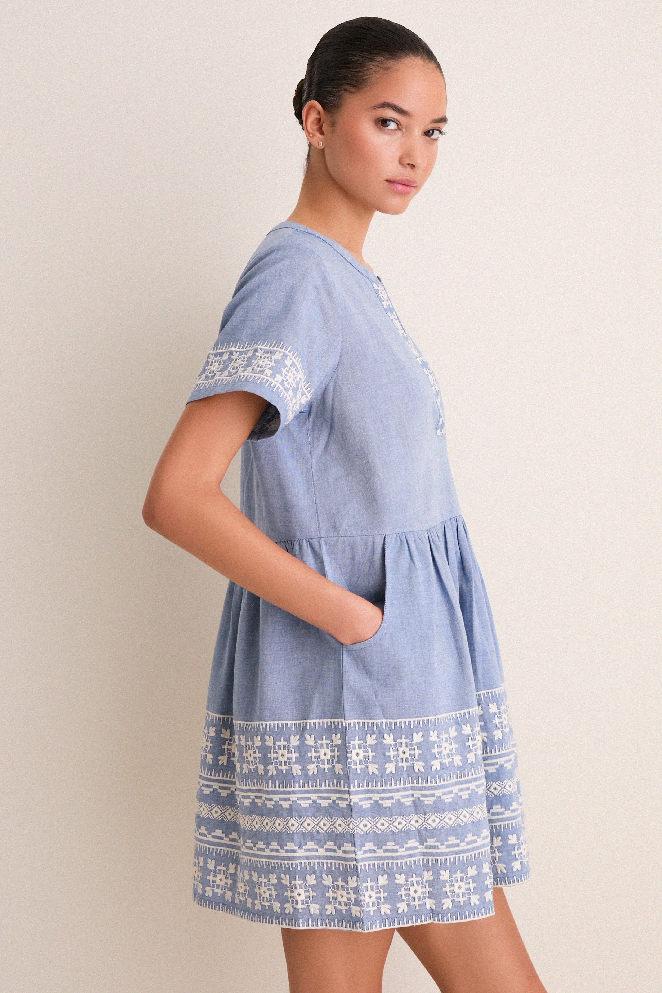 Chambray Embroidered Naples Mini Dress
