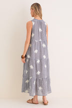 Sapphire Gingham Embroidered Sleeveless Salty Paloma Caftan