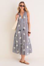 Sapphire Gingham Embroidered Sleeveless Salty Paloma Caftan