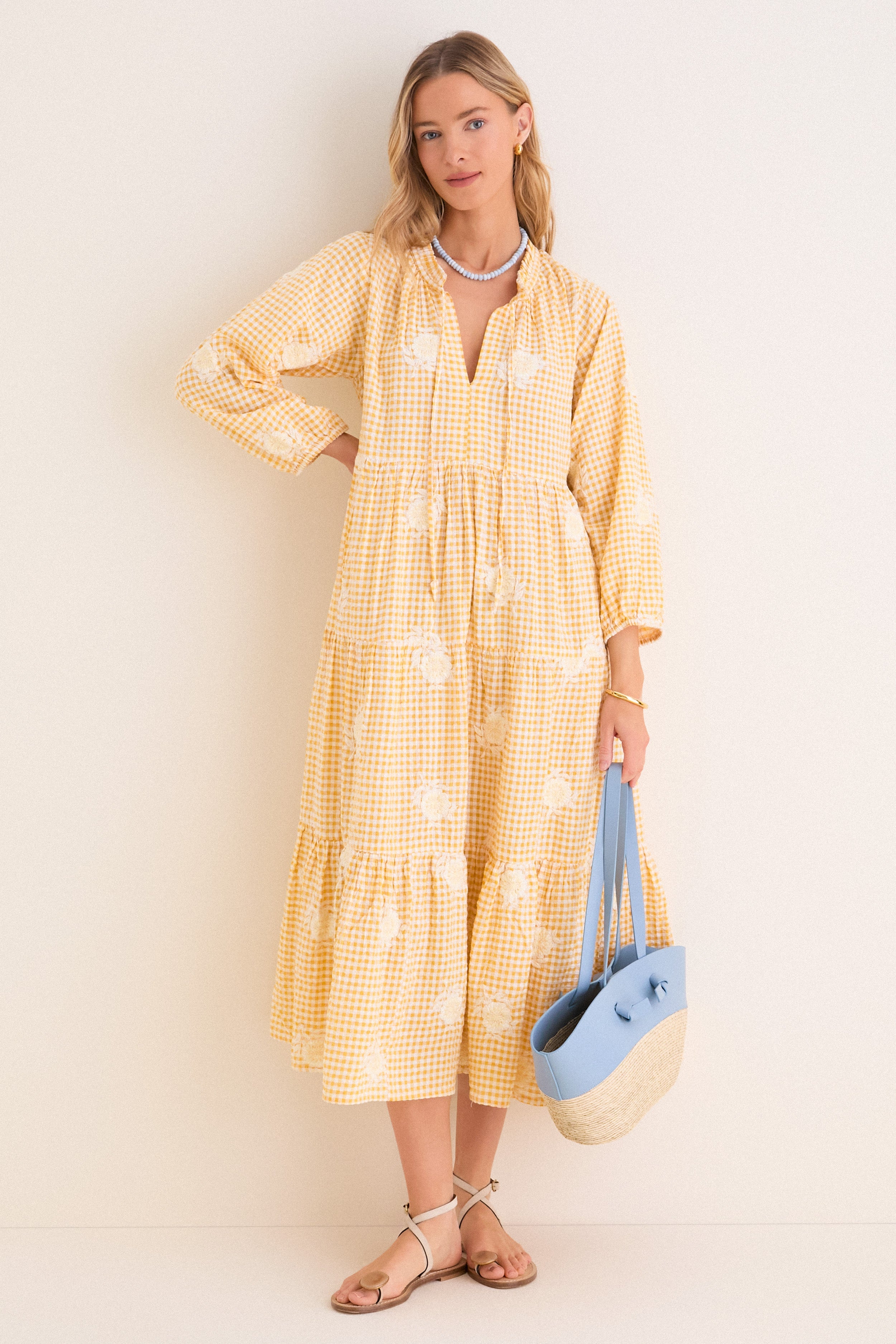 Honey Gingham Embroidered Long Sleeve Salty Paloma Caftan