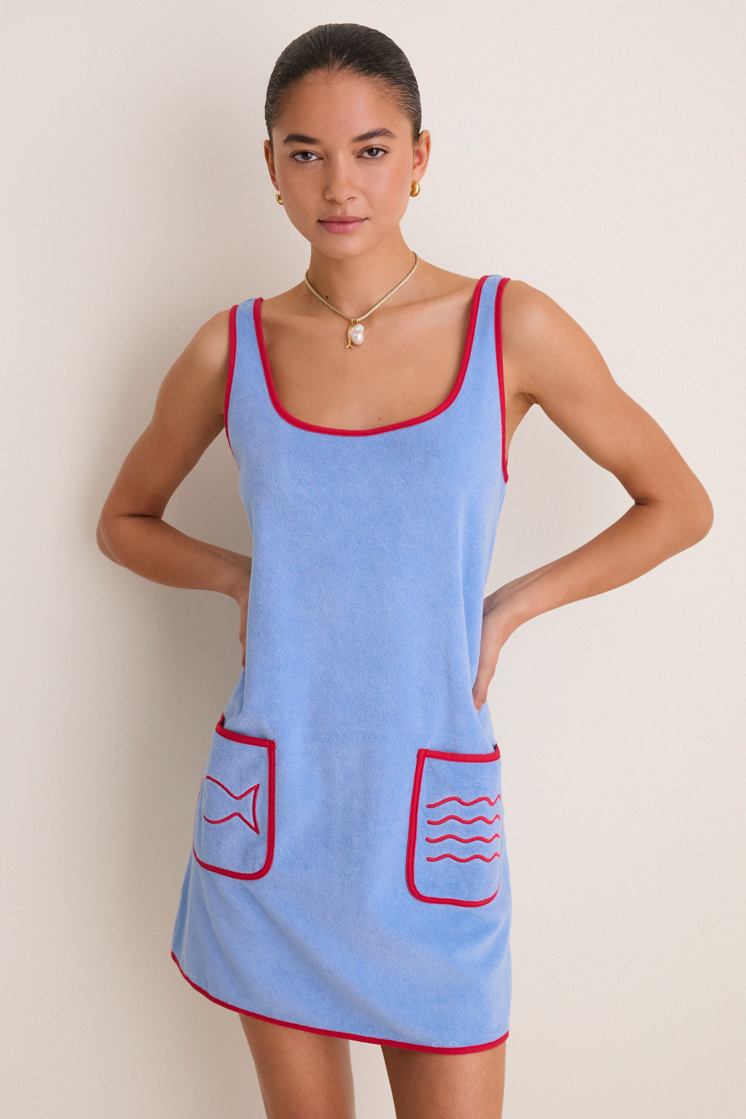Powder Blue and Poppy Embroidered Mini Terrycloth Coverup