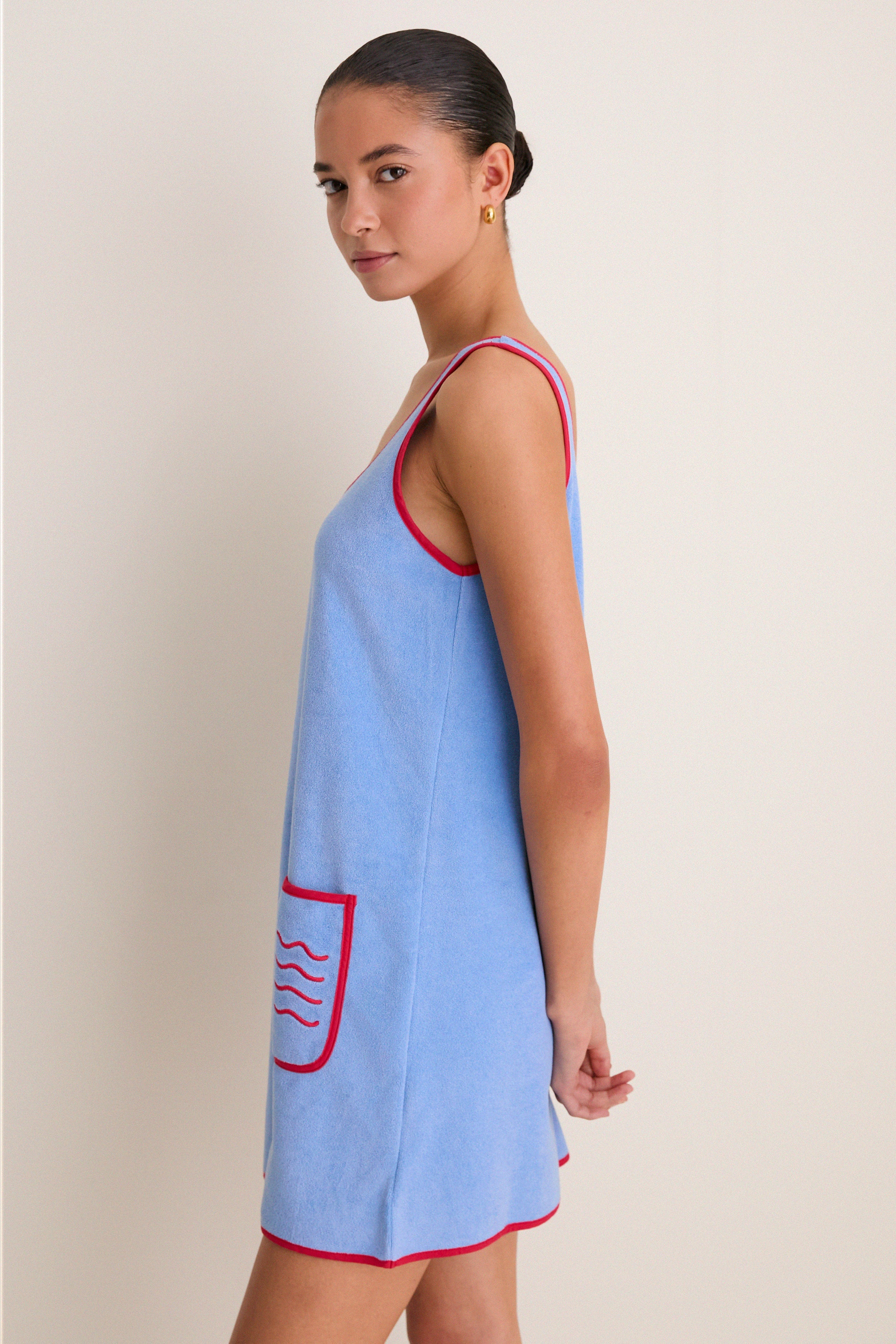 Powder Blue and Poppy Embroidered Mini Terrycloth Coverup