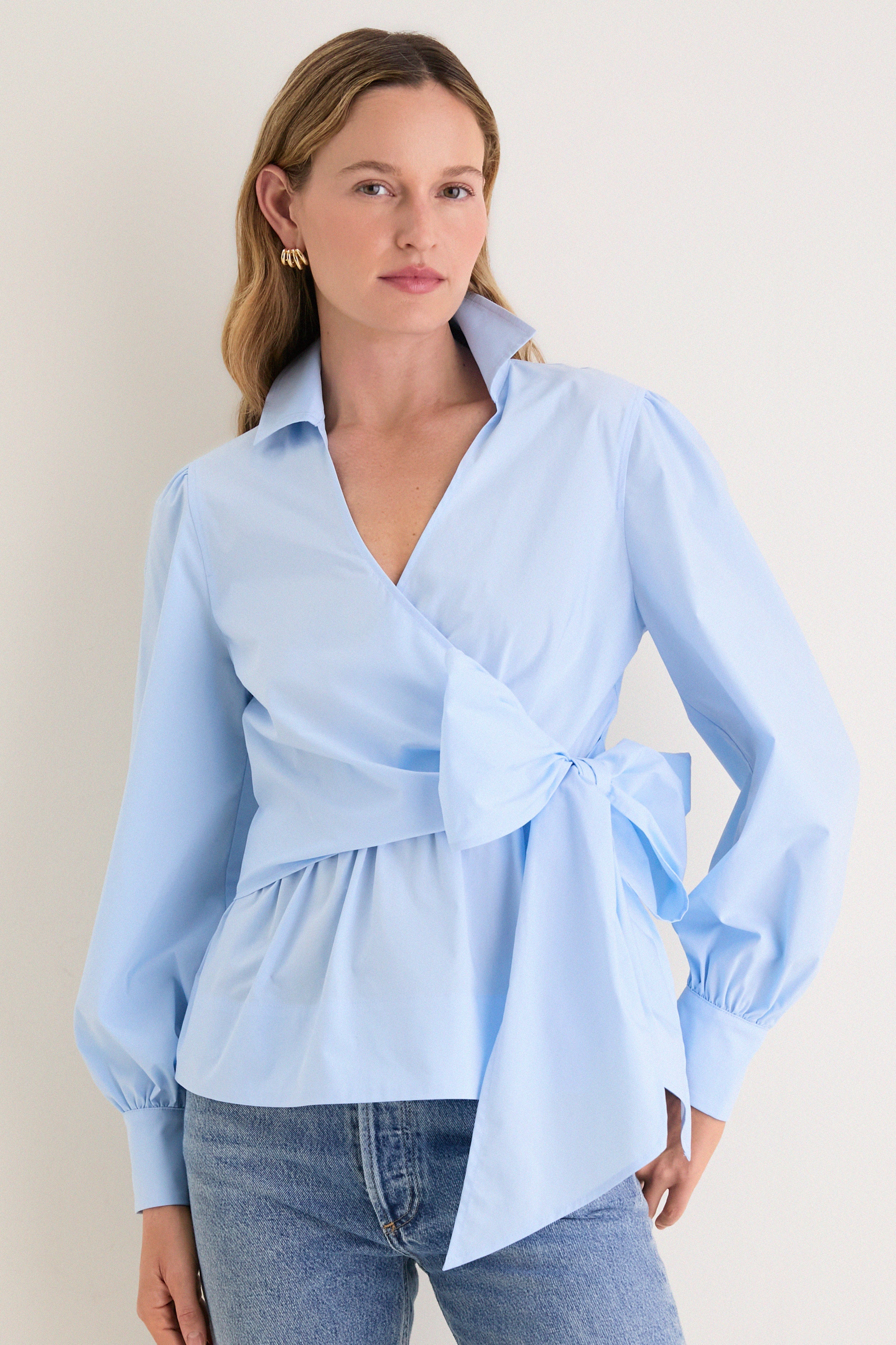 French Blue Tie Front Bow Bea Blouse