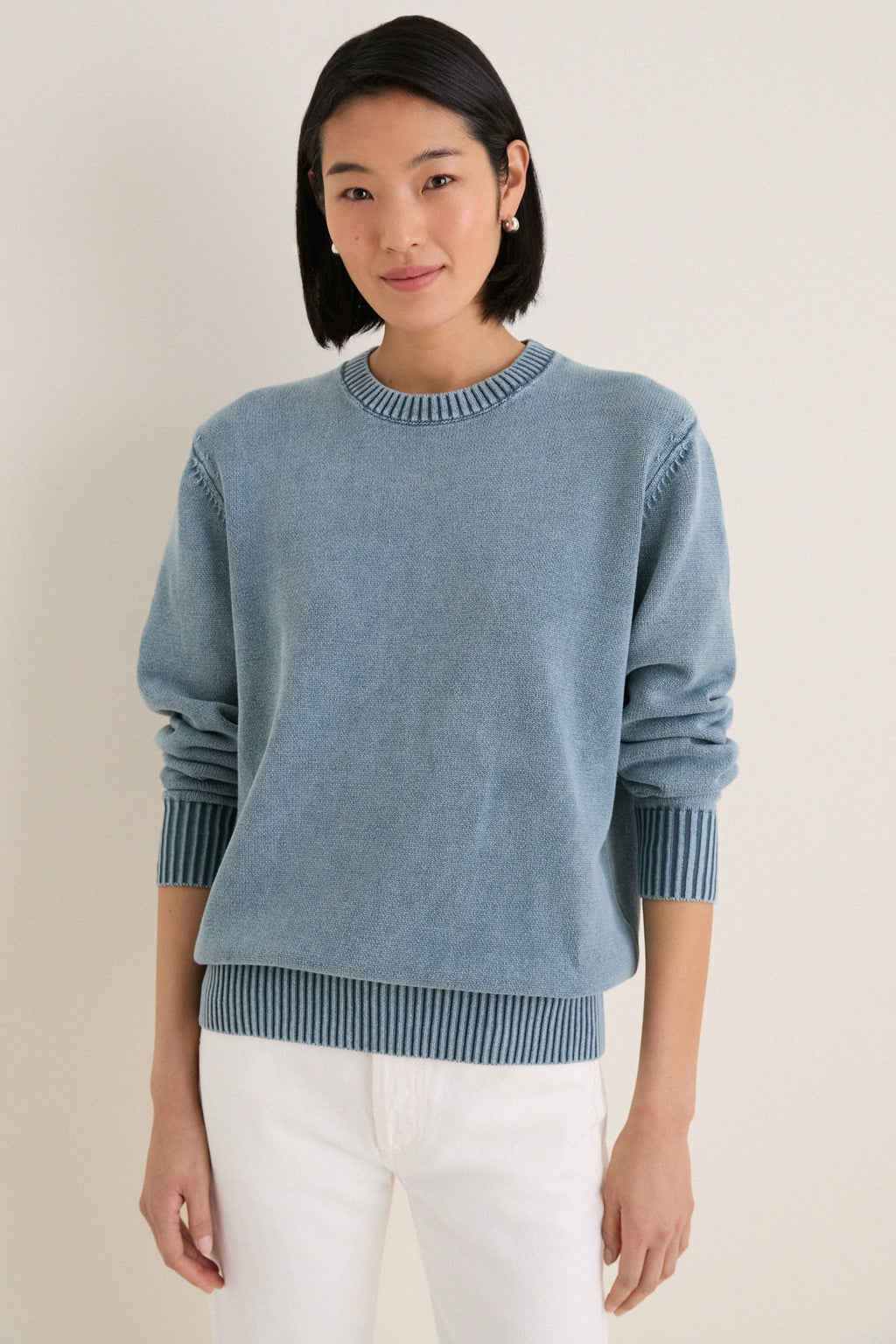 Blue Indigo Stone Washed Cotton Anne Crewneck Sweater
