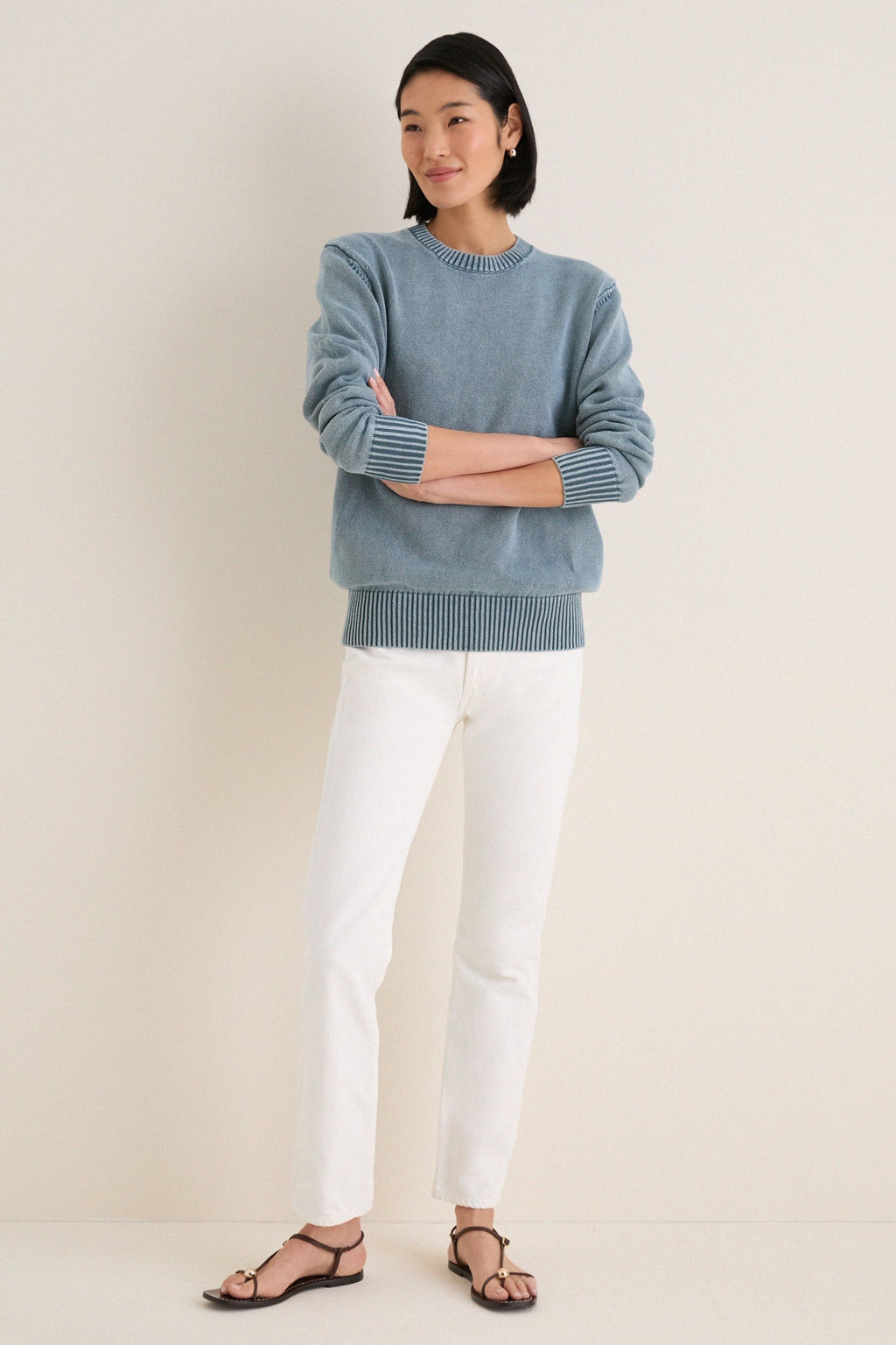 Blue Indigo Stone Washed Cotton Anne Crewneck Sweater