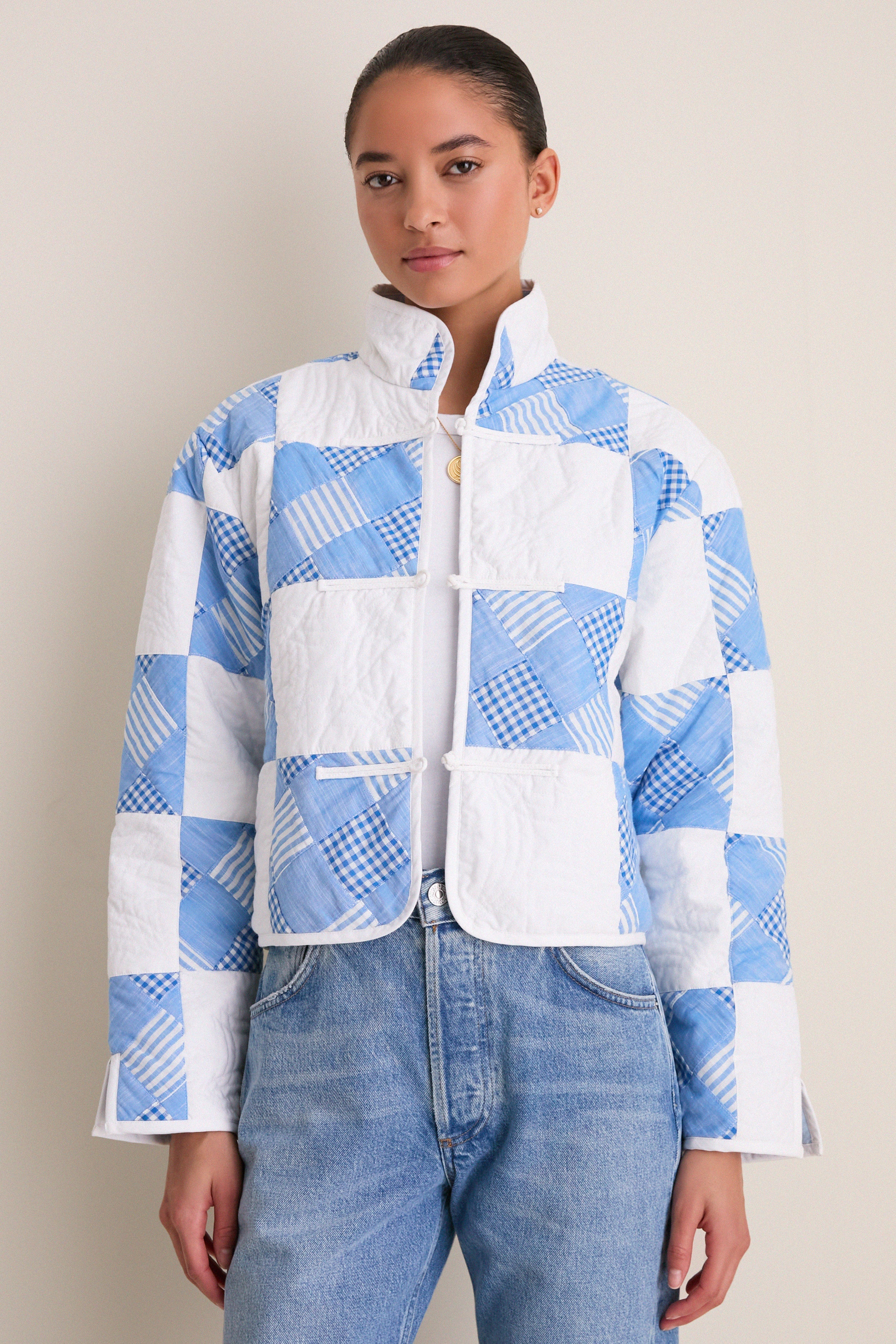 Blue and White Quilted Cropped Townley Jacket