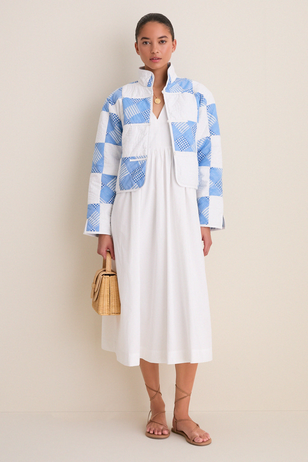 Blue and White Quilted Cropped Townley Jacket