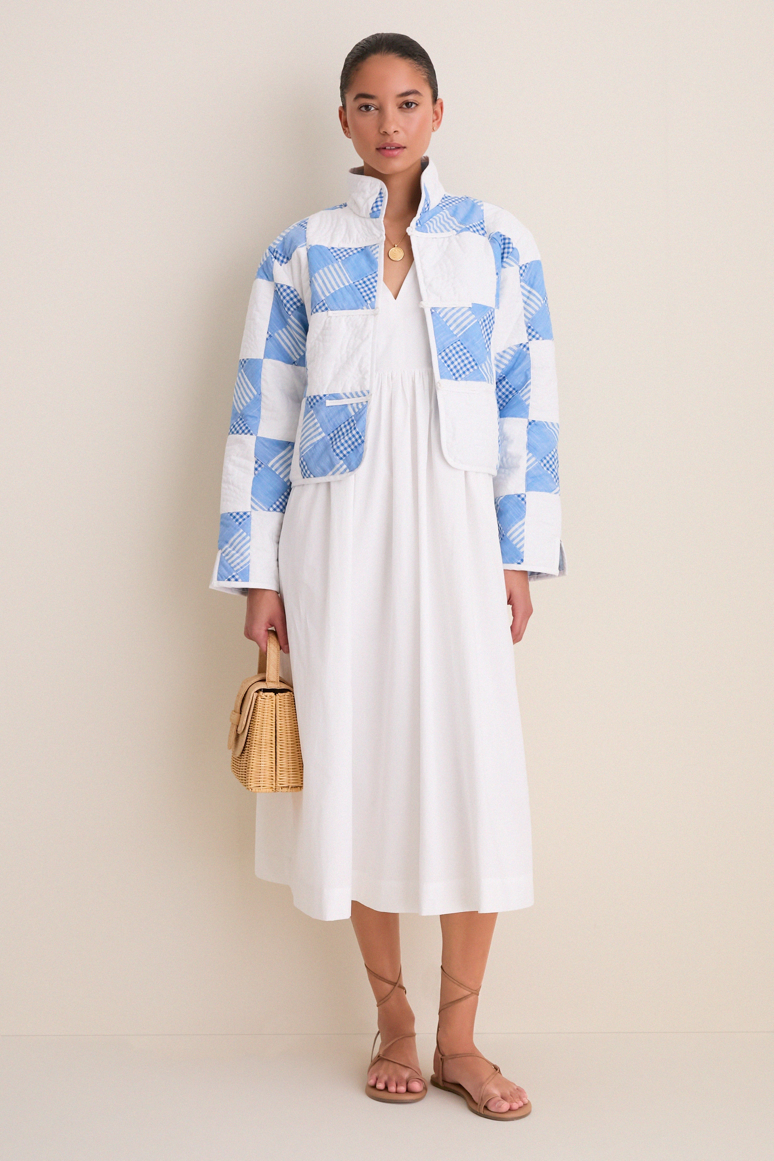 Blue and White Quilted Cropped Townley Jacket