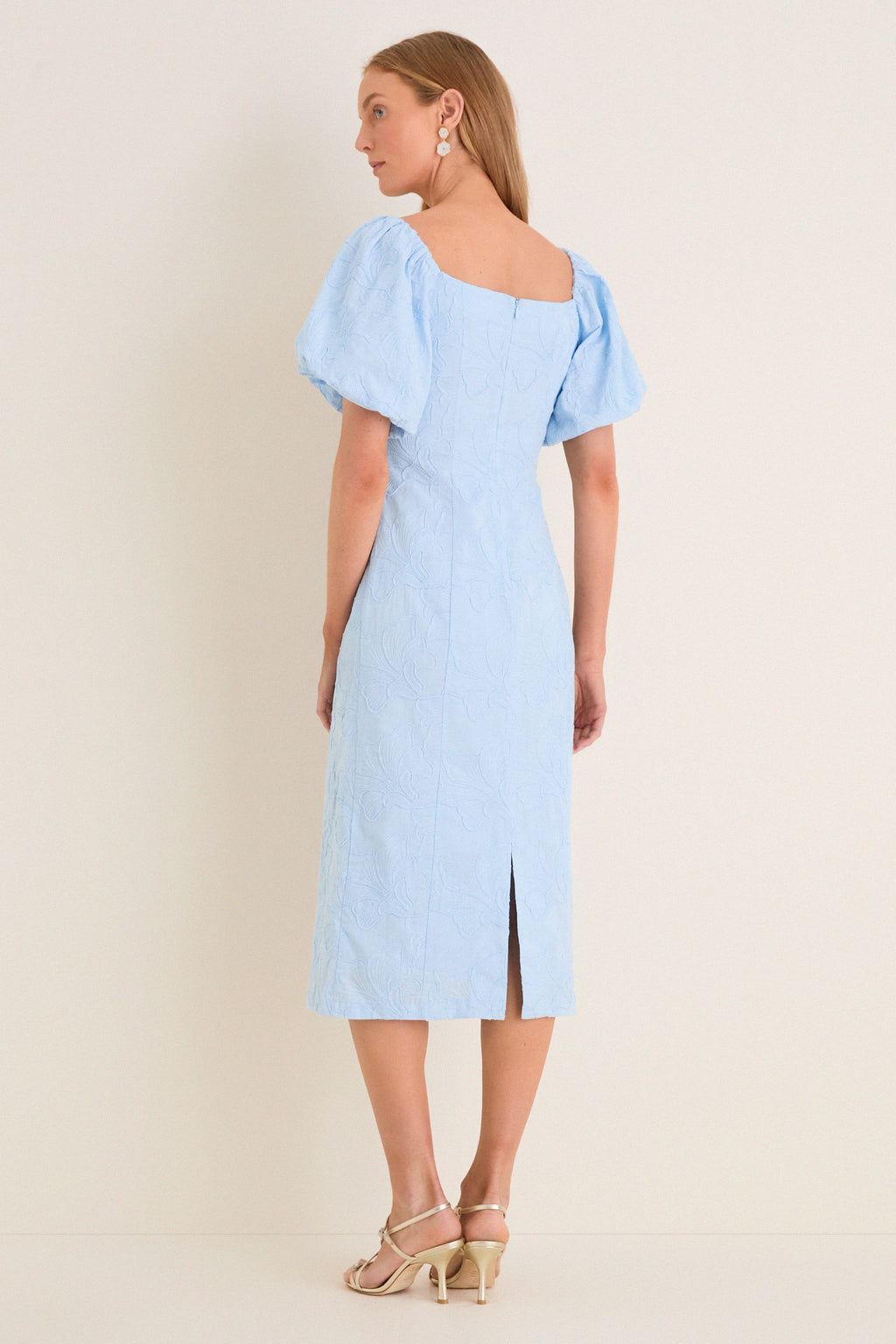 Pale Blue Embroidered Ginkgo Leaf Sallie Midi Dress