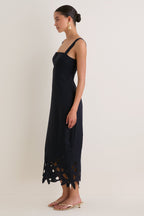 Navy Embroidered Linen Alma Midi Dress