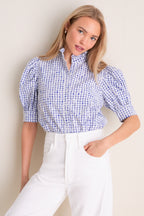 Blue Embroidered Gingham Louisa Blouse
