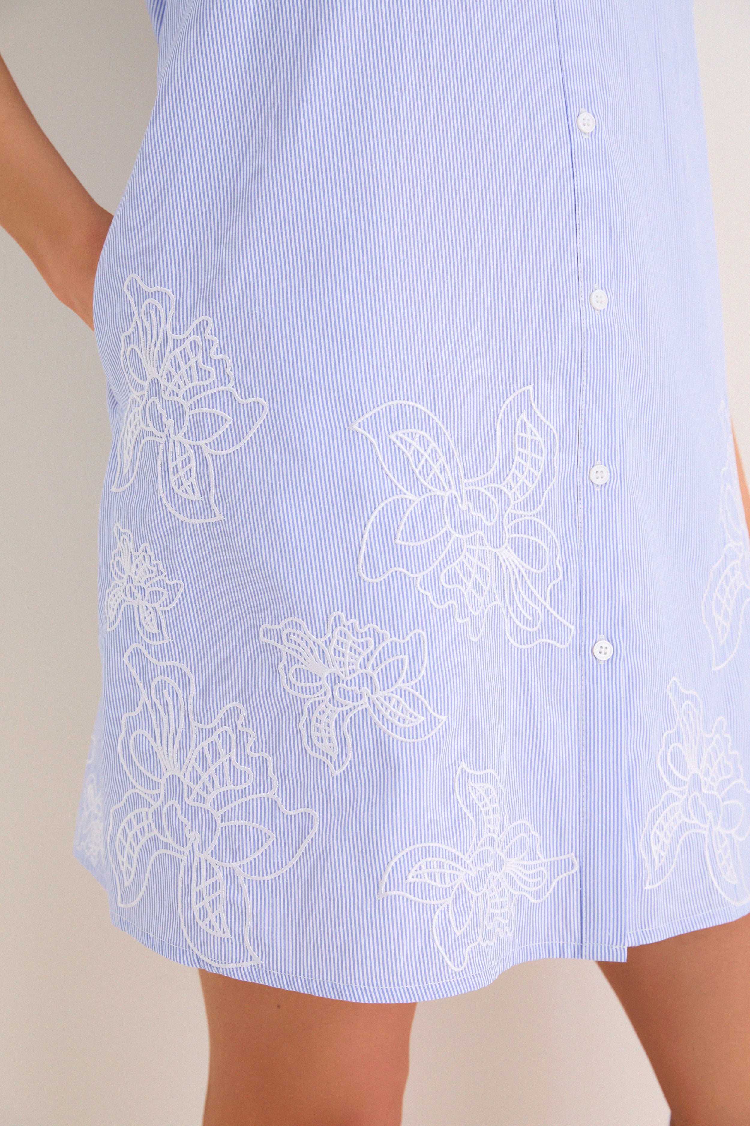 Blue Embroidered Pinstripe Louisa Mini Dress