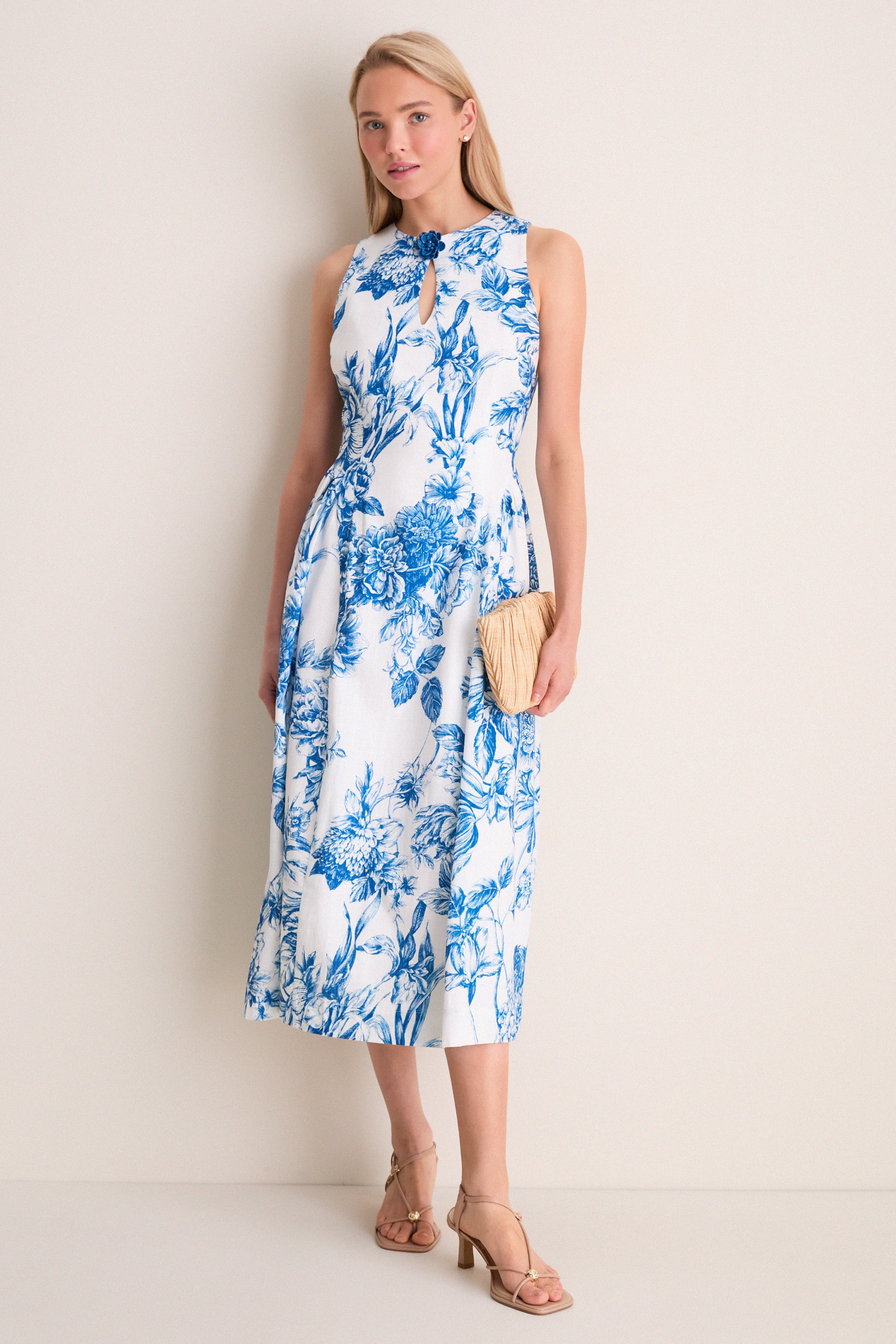 Blue & White Blooms Floral Posey Midi Dress