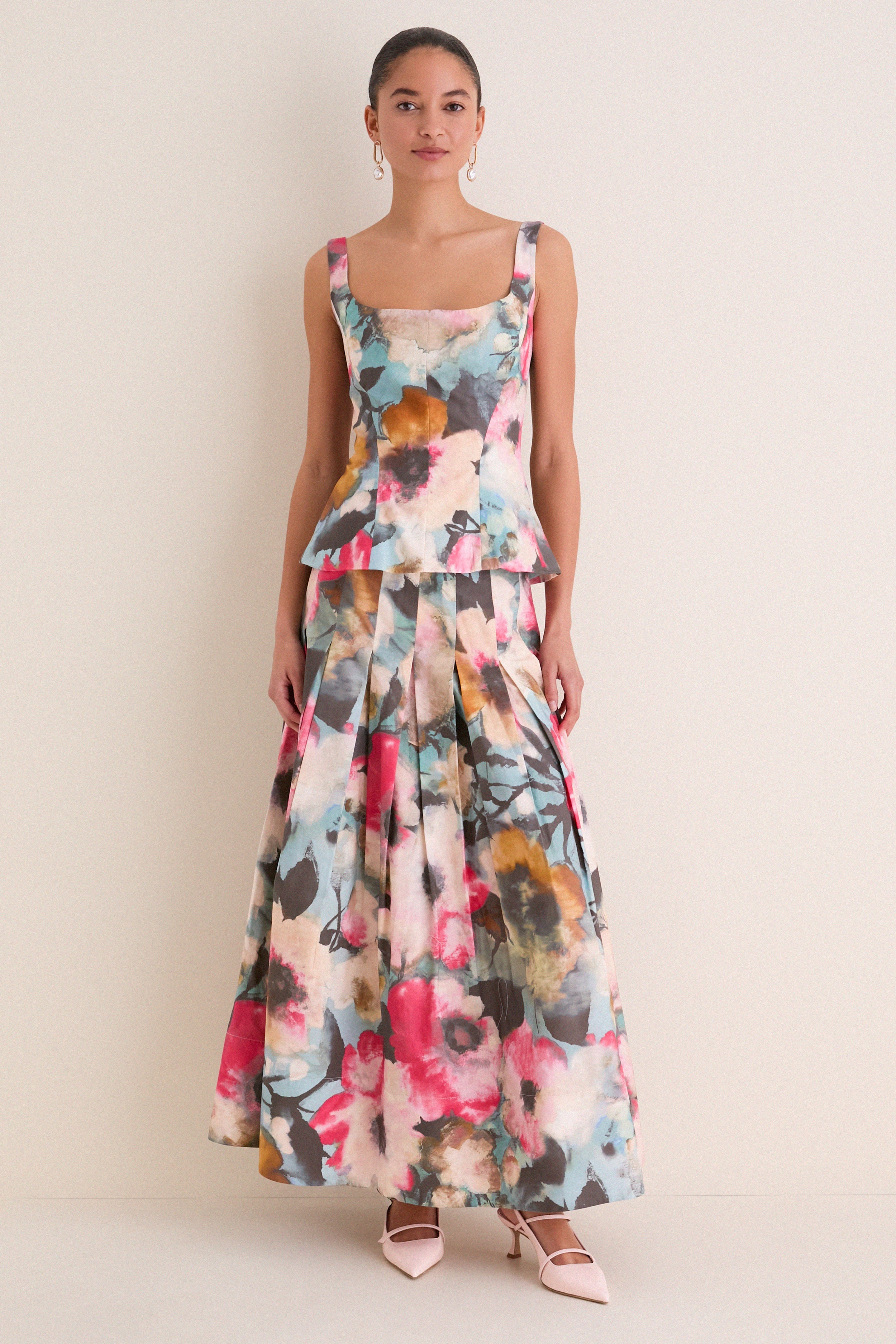 Mist Multi Floral Printed Cotton Full Skirt