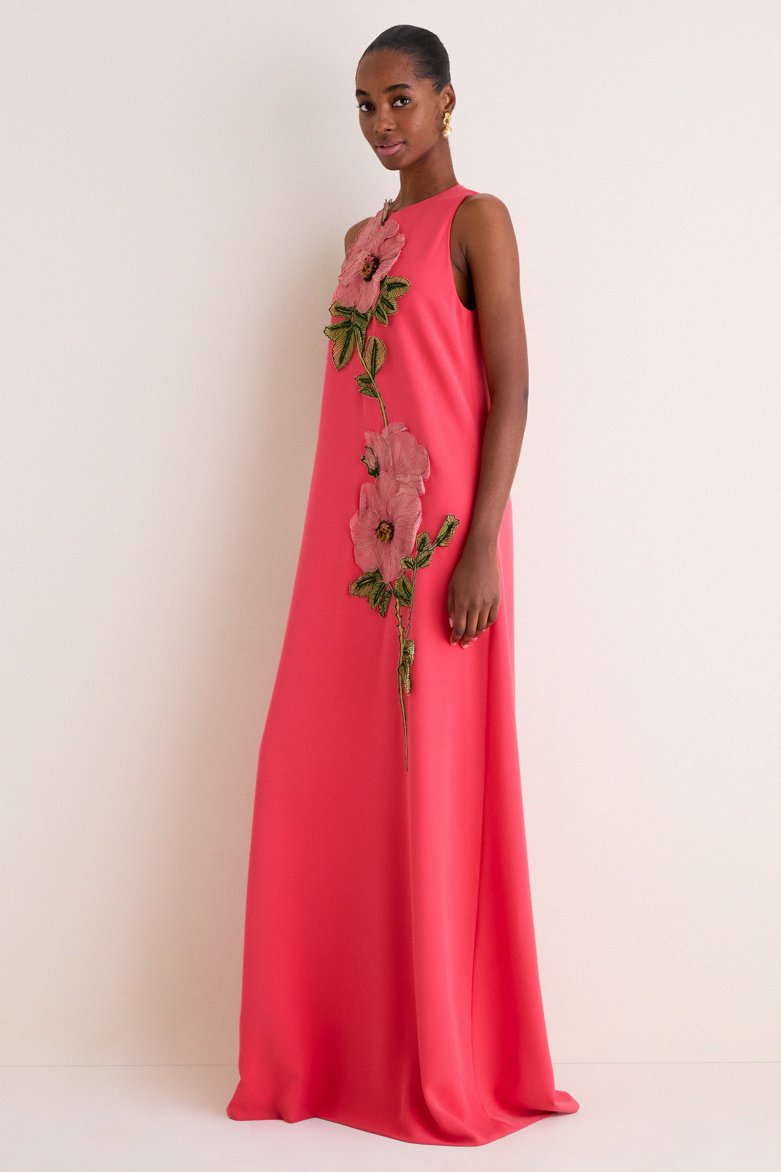 Watermelon Peony Embroidered Crepe Francie Gown