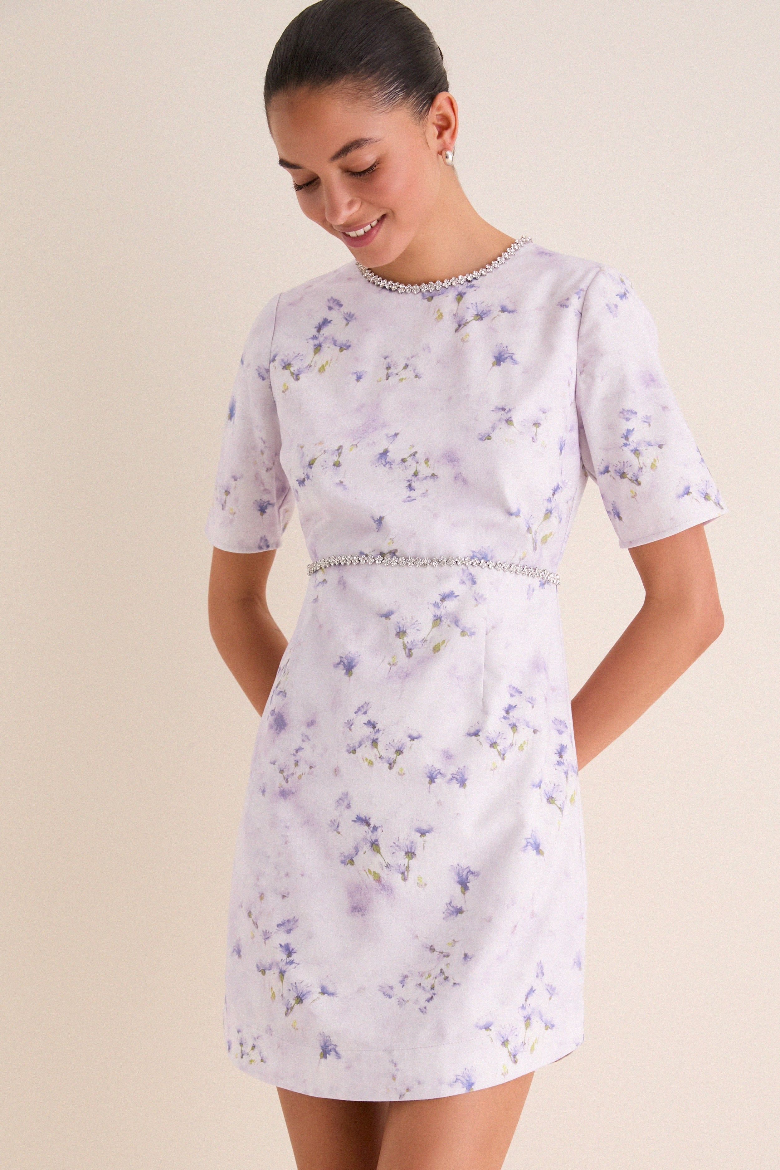 Lilac Floral Crystal Embellished Floria Mini Dress