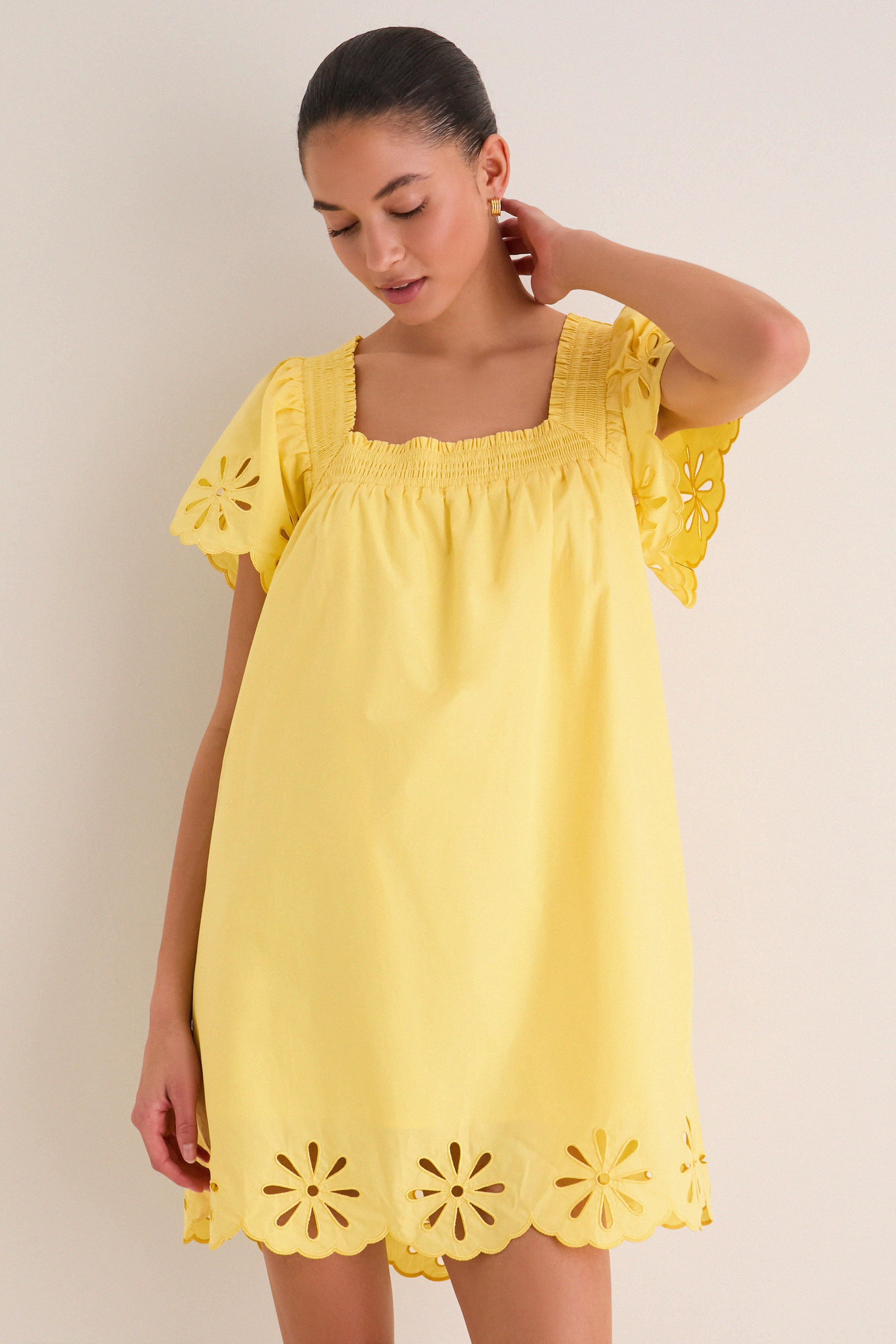 Yellow Floral Eyelet Daisy Mini Dress