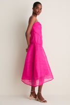 Raspberry Rose Shibori Organza Long Asymmetric Dress